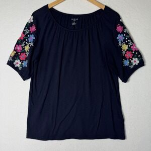 Talbots Petite Embroidered Floral Navy Blue Cotton Modal Short Sleeve Top‎ MP